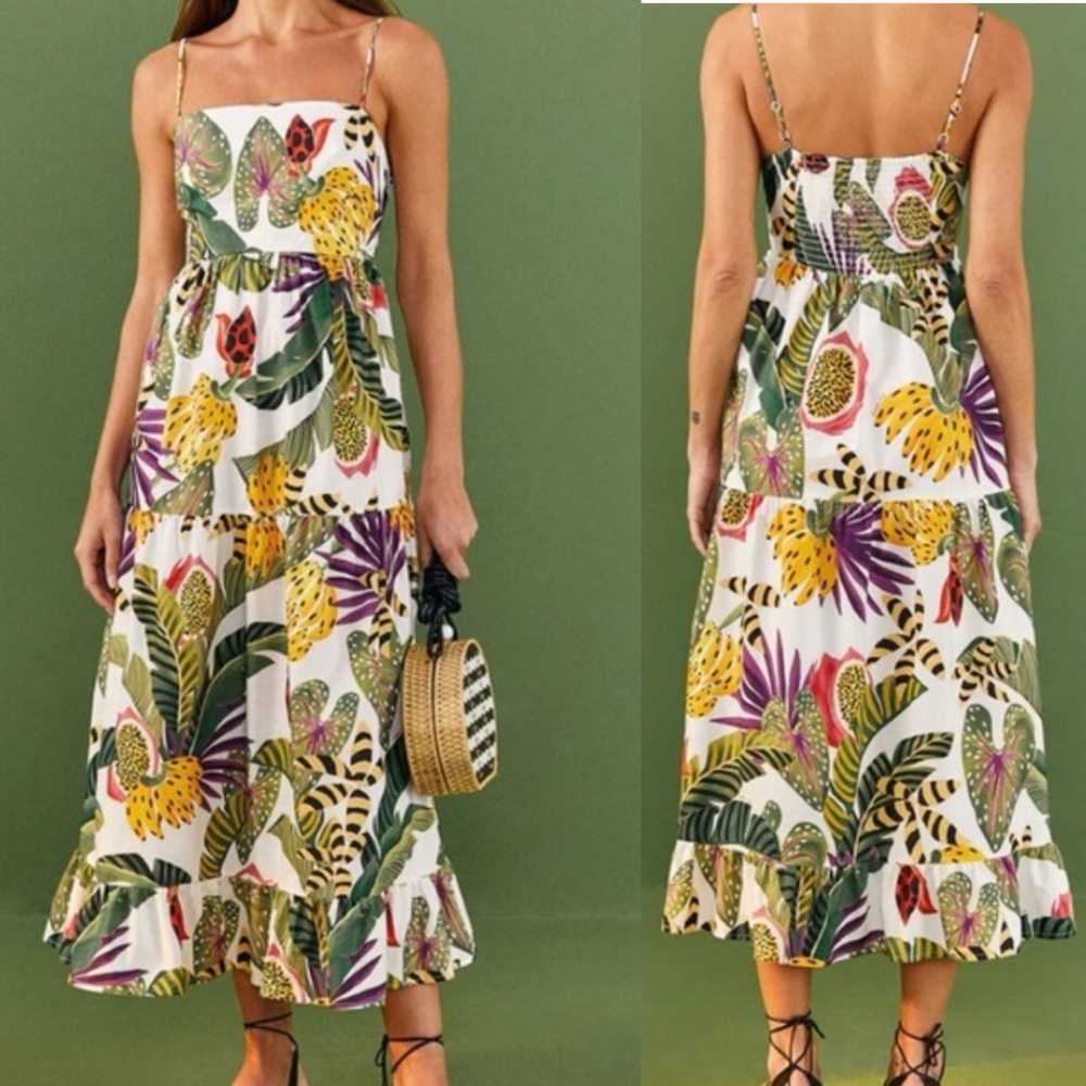FARM Rio White Tropical Midi Dress with Yellow & Green Leaf Print